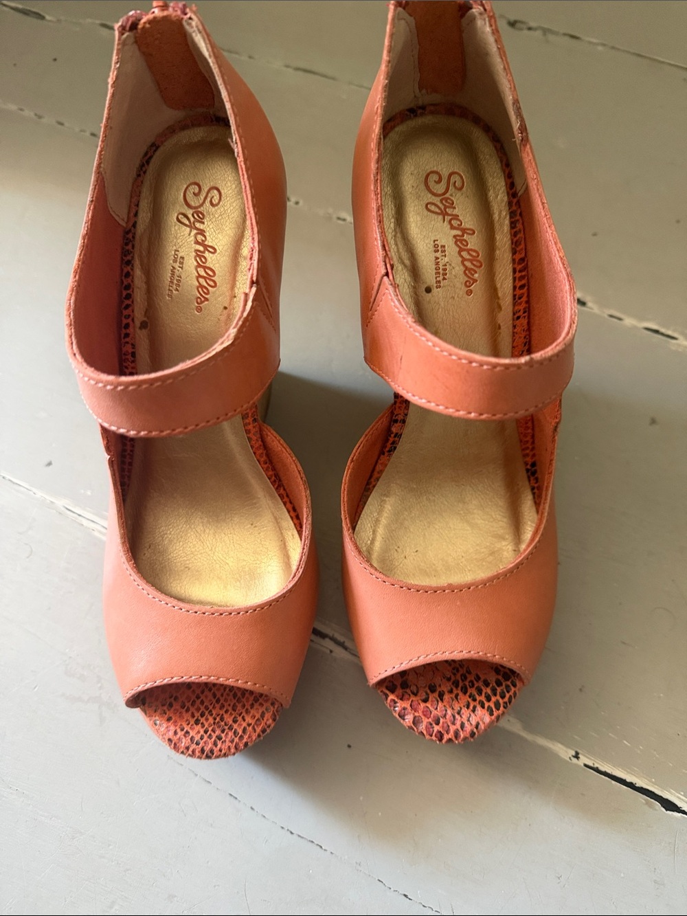 Seychelles Coral Peep-Toe Mary Jane Heels with Textured Toe